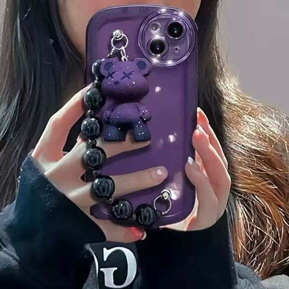 Purple Teddy Charm I-Phone 16 pro max Case with Beaded Handle - Picture 3 of 8